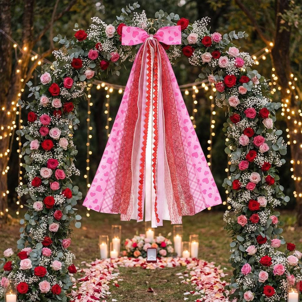Valentine's Day Wreath Sash for Door, Large Bow Decoration with Metal Clip, 9 Ribbon Swag for Wreath, Front Entry, Fireplace, Fence - Pink Red Love