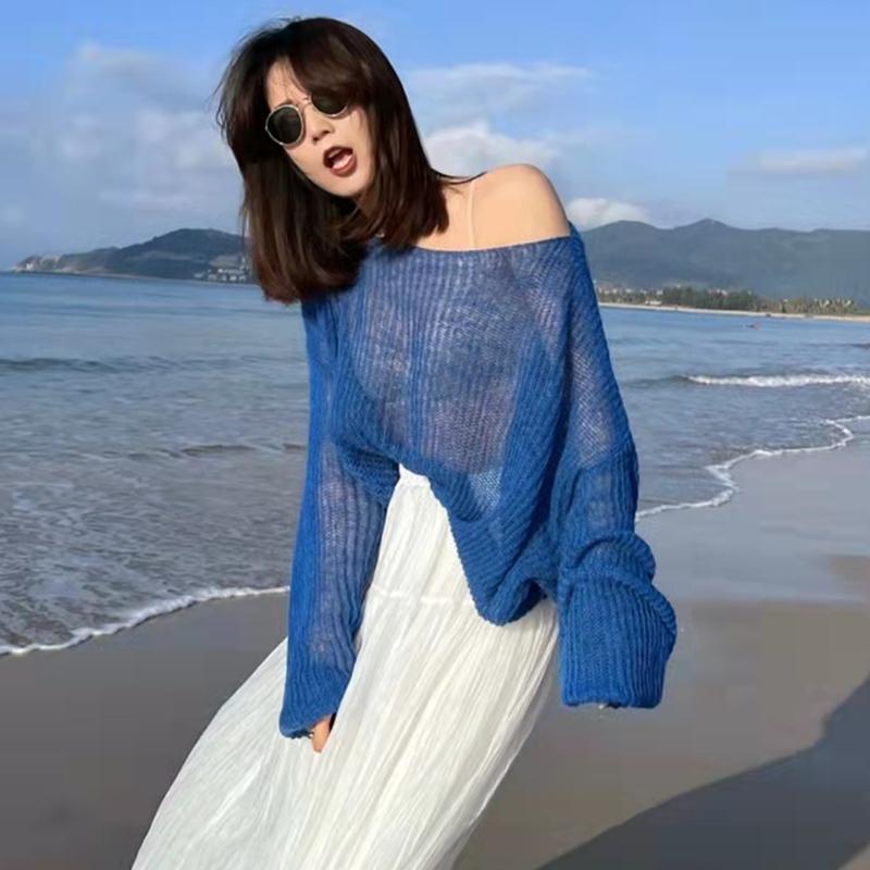 Женские вязаные свитера тонкие Прозрачные повседневные оверсайз свитер с длинным рукавом Леди сексуальный Ажурный Сетчатый Пуловер пляжные футболки