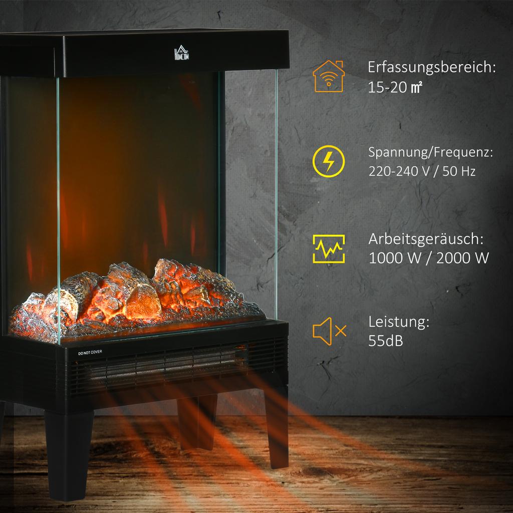 Electric Fireplace, 2000 W, Freestanding with Heating, LED 3D Flame Effect, 4 Brightness Levels, with Thermostat, Overheat Protection, Black