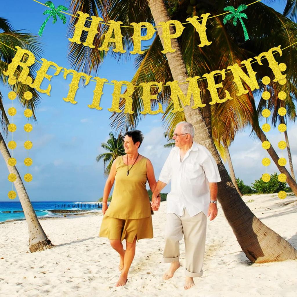 Gold Glitter Retirement Banner, Happy Retirement Party Decorations, Farewell Party Decor - Summer Beach Theme for Men & Women