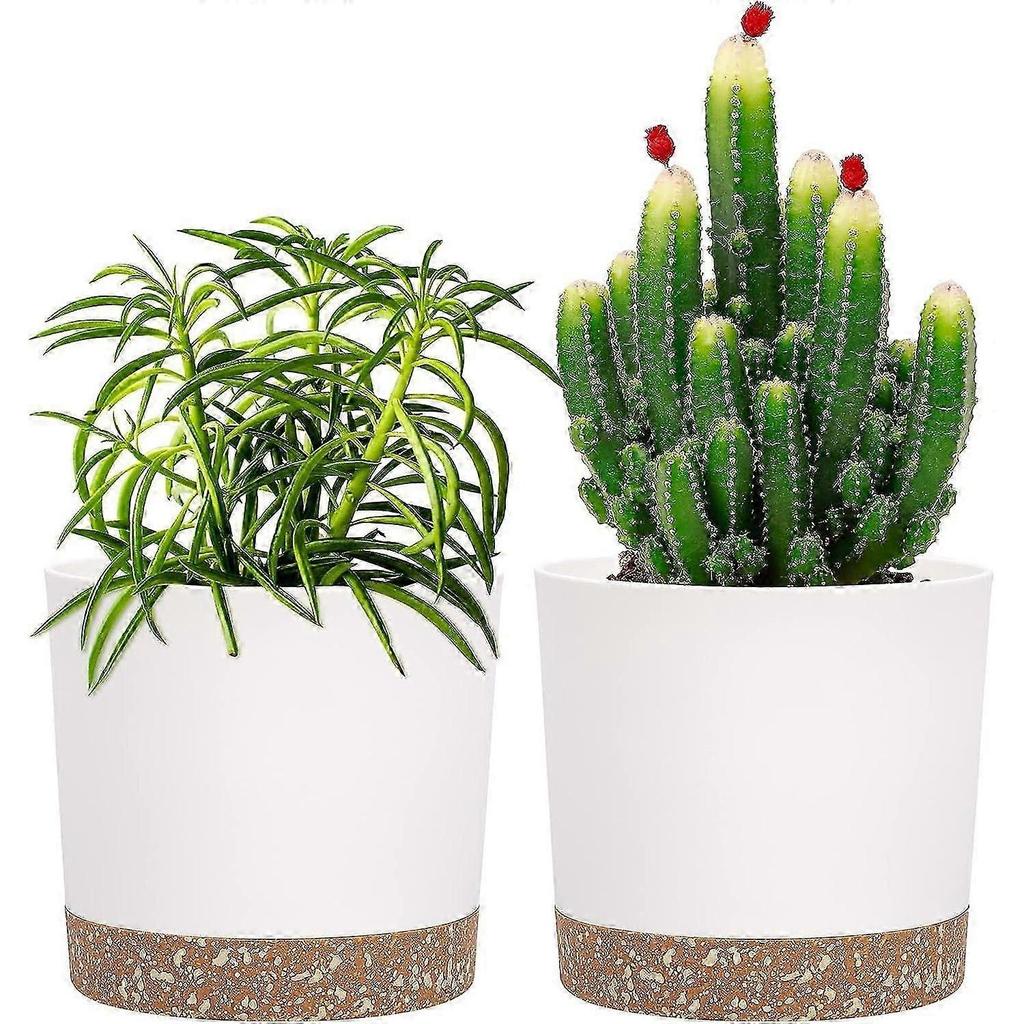 Set of 2 Plant Pots 12cm, Indoor Plant Pots with Drainage Holes and Removable Base, Modern Decorative Saucer for Outdoor Planters (White 12cm)