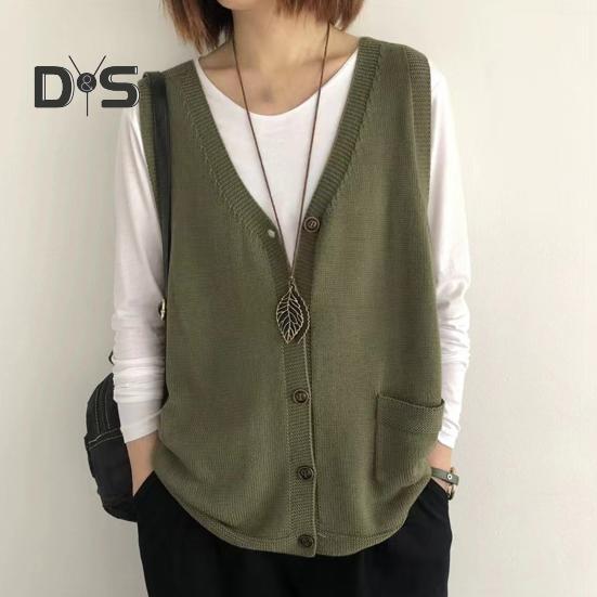 Женский вязаный жилет с V-образным вырезом без рукавов, однобортный теплый жилет, однотонный свободный крой, трикотажные майки с карманами