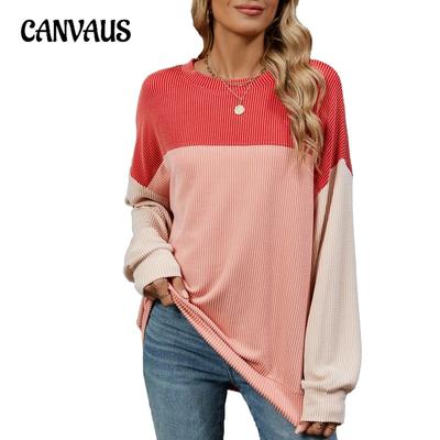 Весенне-осенняя женская блузка больших размеров с длинным круглым вырезом, контрастные цвета, топ средней длины с рукавами
