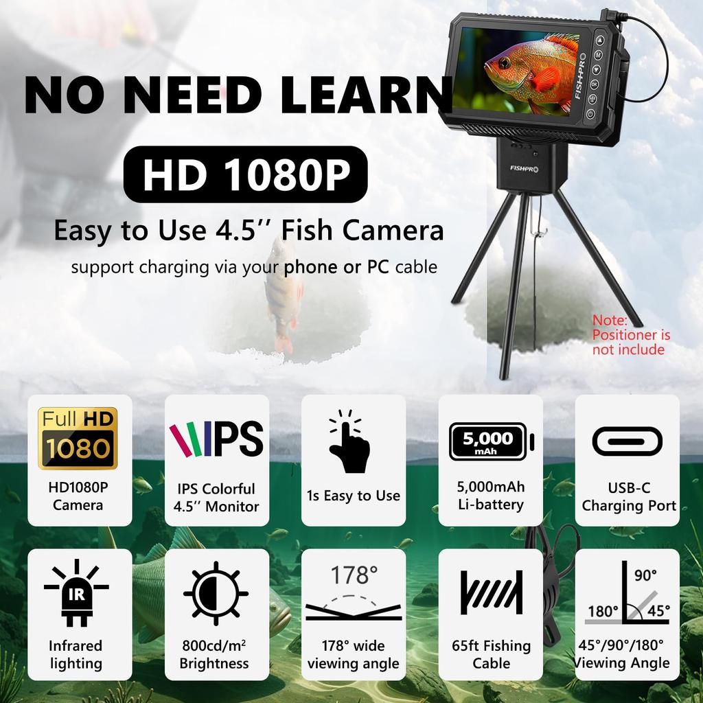 FishPRO Подводная камера для рыбалки HD1080P USB-C, 4,5'' Подледная камера для рыбалки Подарки для мужчин, эхолот (Зарядка через телефон/ПК-кабель), 5000 мАч, светодиод и ИК