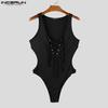 Men Deep U Neck Sleeveless Bandage Lace-up Fitted Jumpsuits Bodysuits