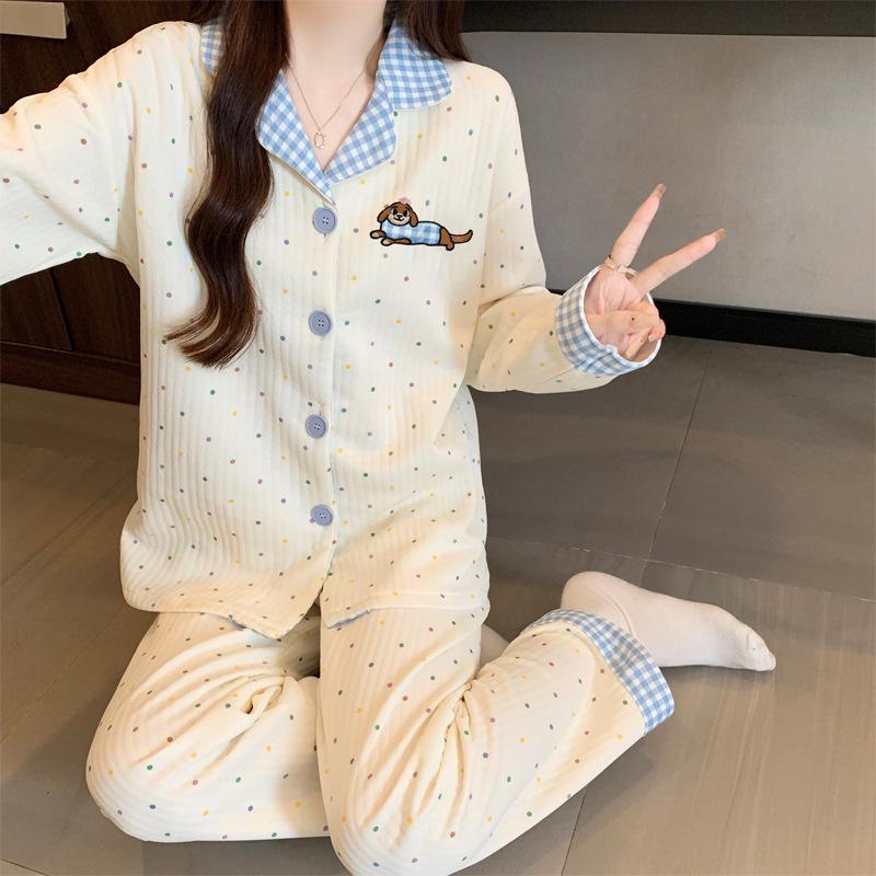 Air cotton sandwich pajamas women's autumn and winter long-sleeved cute dachshund dog polka dot warm loungewear set