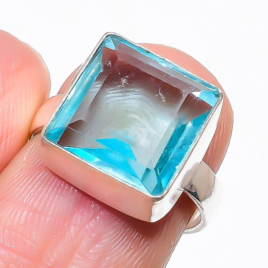 Swiss Blue Topaz Gemstone 925 Sterling Silver Jewelry Ring Size Adjustable KJ-377
