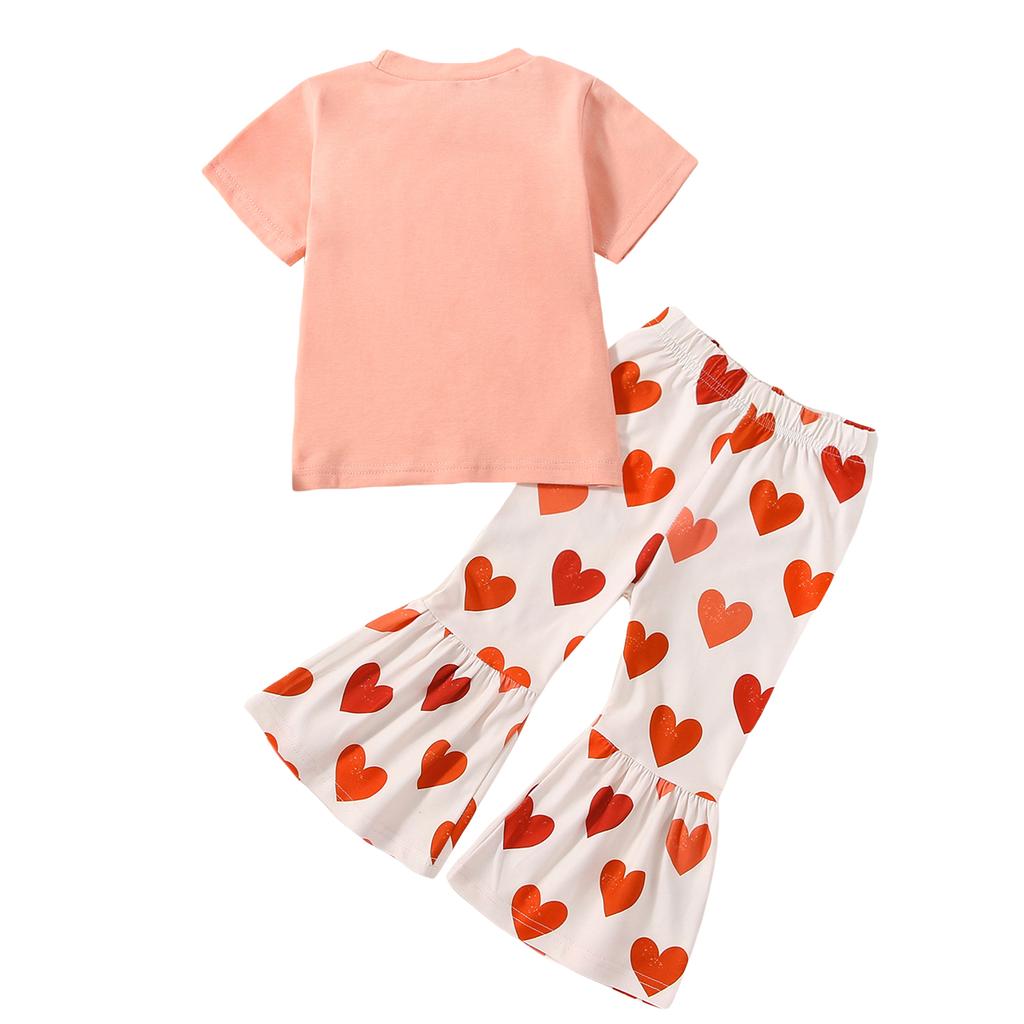 Valentine's Day Toddler Girls Clothes Set Letter Print Short Sleeve Crew Neck T-Shirts and Heart Print Flare Pants 2Pcs Suit