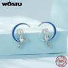 925 Sterling Silver Blue Oil Drip Crescent Moon Cat Earrings for Women Jewelry