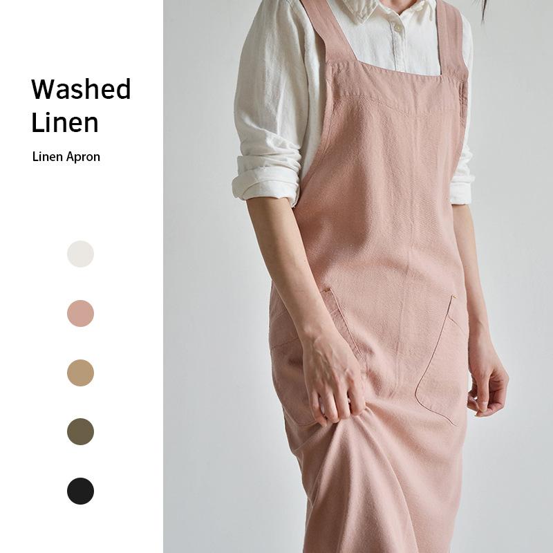 Хлопковый льняной кухонный фартук с карманами для повара, садоводства, работы с крестообразной спиной, для женщин и мужчин, с большим передником, для выпечки, кулинарии