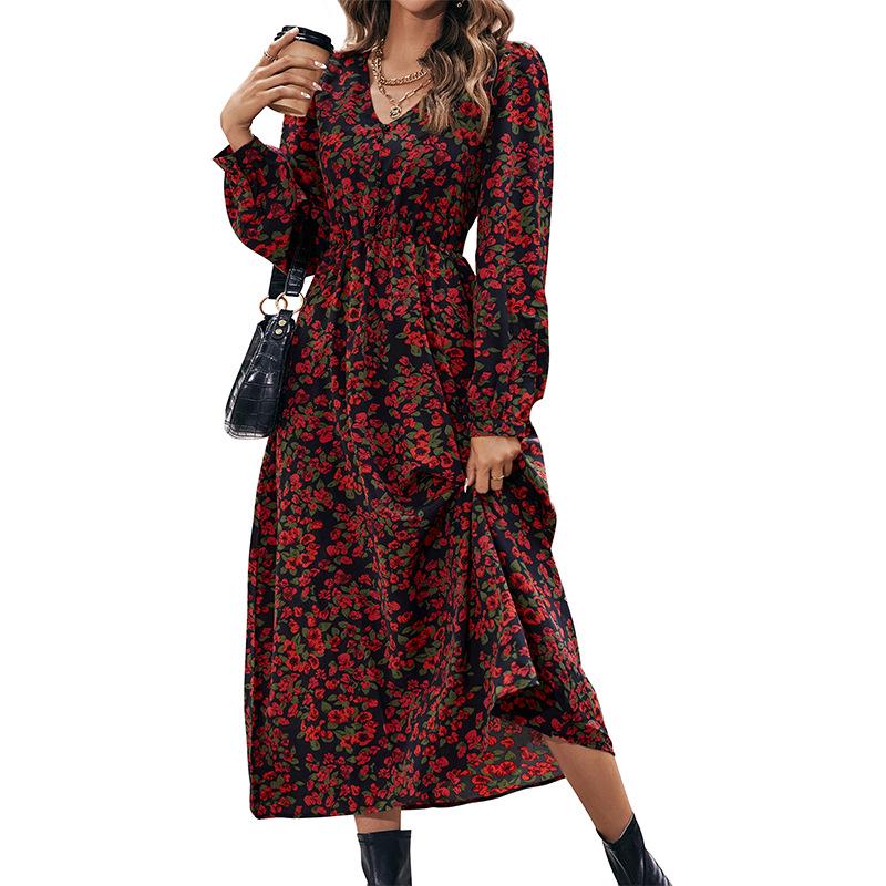 European & American Style Red Printed Long-Sleeve Dress - Women's Spring/Autumn Fashion