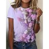 Women's Purple Flowers Print Summer Casual Round Neck Short Sleeve Top Outdoor Fashion Oversized