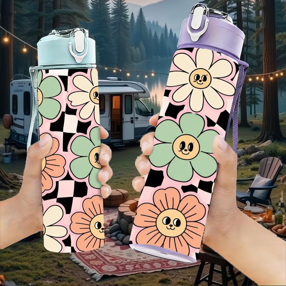 1PC Retro Daisy Flower Checker Pattern 750ml Color Plastic Sports Water Bottle Leakproof Flip Straw Lid Suitable for Sports Office Home Use