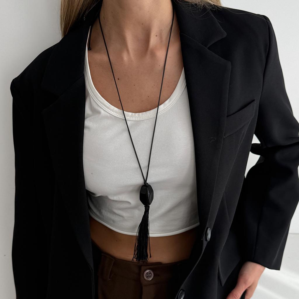 SHIXIN New Trendy Black Acrylic Geometry Pendant Necklace Women Simple Rope Chain Long Tassel Sweater Chain Fashion Jewelry Gift