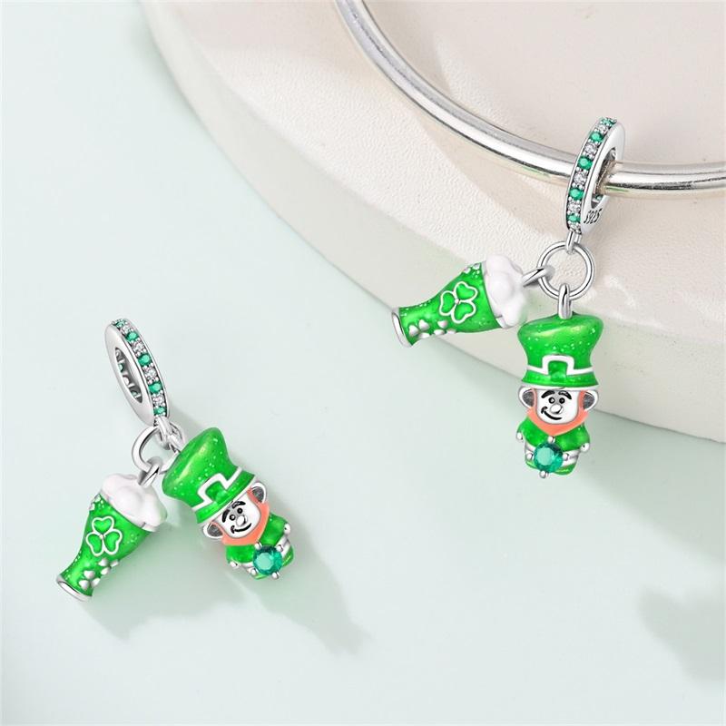 925 Silver Green St Patricks Clover Pendant DIY Charm Beads for Bangle Charms Bracelet Women Jewelry
