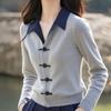 Women's Clothing Autumn Winter Turn-down Collar Contrast Color Long Sleeve Sweater Knitted Pullover Screw Thread Stylish Tops
