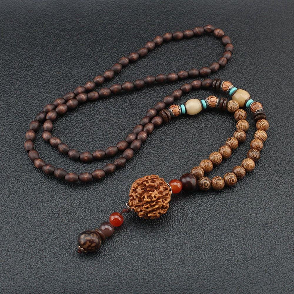 Vintage Lucky Gift Party Ethnic Jewelry Mala Wood Bead Nepal Necklace Horn Fish Pendant Buddhist