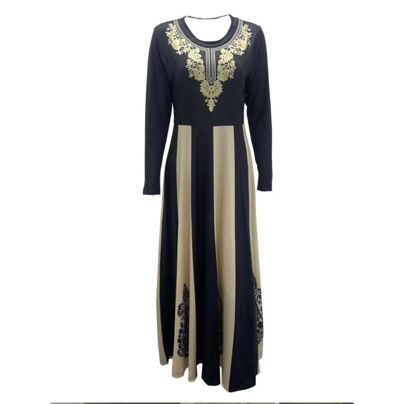 Autumn and Winter Dress Round Neck Long Sleeve Printed A-line Waisted Large Swing Dress Large Size Temperament Women Long