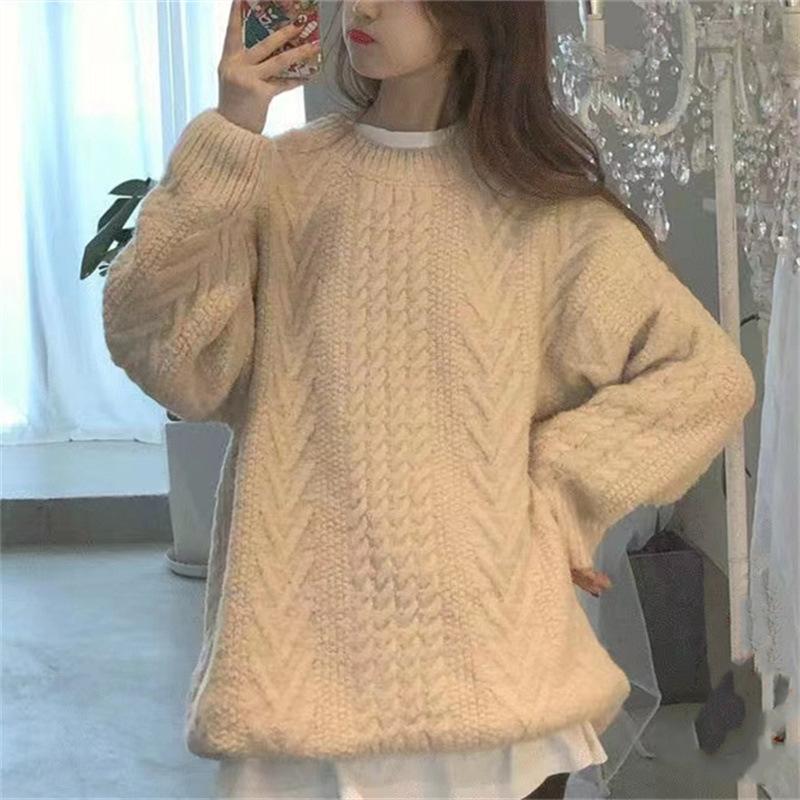 Осень и зима новый мягкий вощеный твист круглый вырез свитер женский пуловер длинный рукав ленивый ветер вязаный свитер женский топ