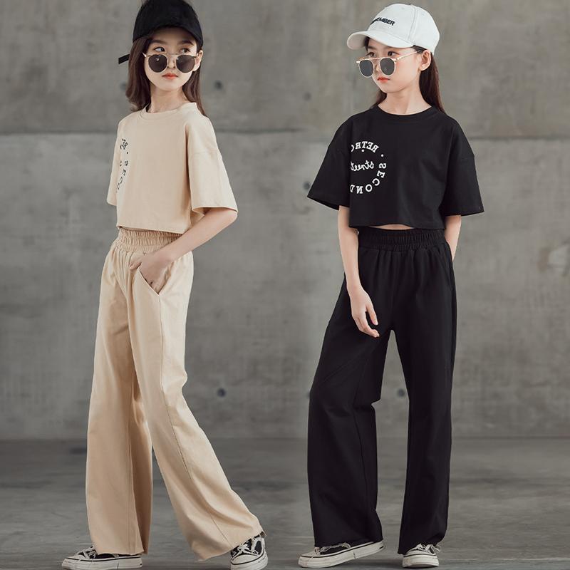 Одежда для девочек, летние комплекты, повседневная футболка с надписью, широкие брюки с высокой талией, детский спортивный костюм из 2 предметов, черная одежда для подростков