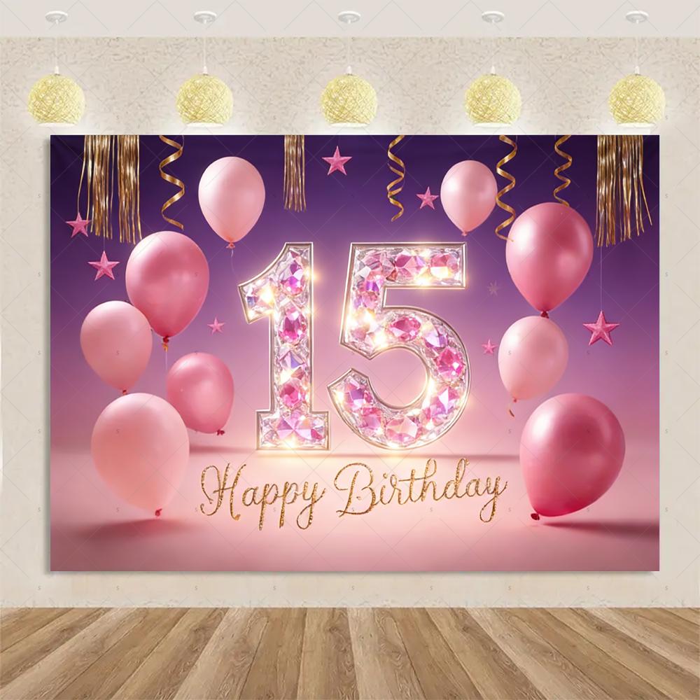 15th Birthday Theme Backdrop Black Gold Glitter Balloon for Women Men Boy Girl Party Decorations Balloon Banner Photography Prop
