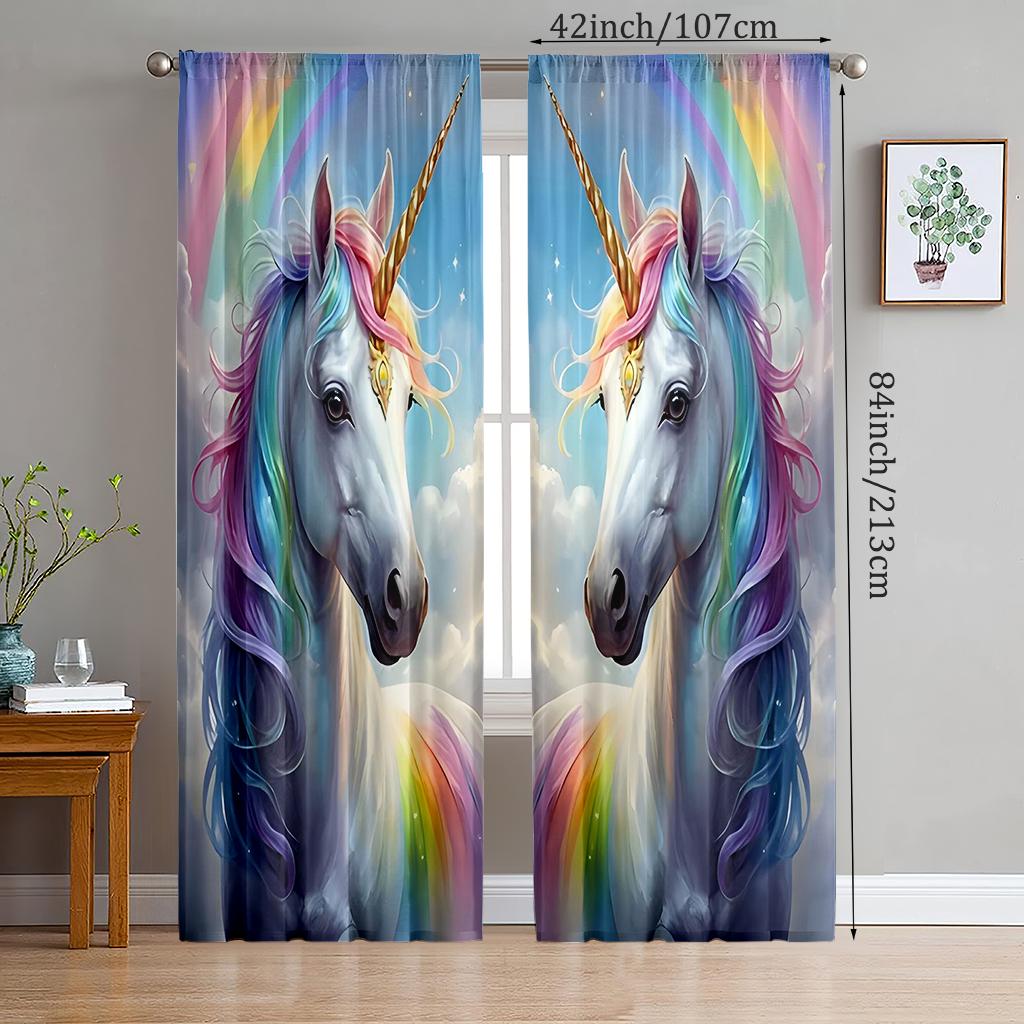 2pcs- Rainbow Pony Unicorn Polyester Curtains, Pole Bag Curtains 42 * 84, Bedroom, Living Room, Home Room Decoration