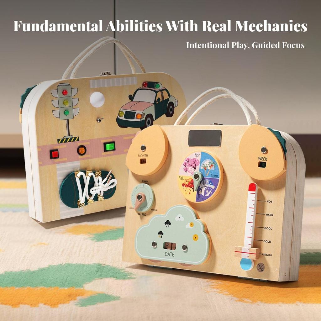 Portable Wooden Busy Board with Handle Compact Child-Led