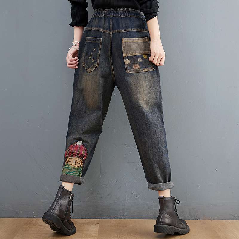 Джинсовые брюки с вышивкой для девочек с героями мультфильмов, модные повседневные бриджи с дырками и высокой талией, карманы для мам, синие джинсы-шаровары