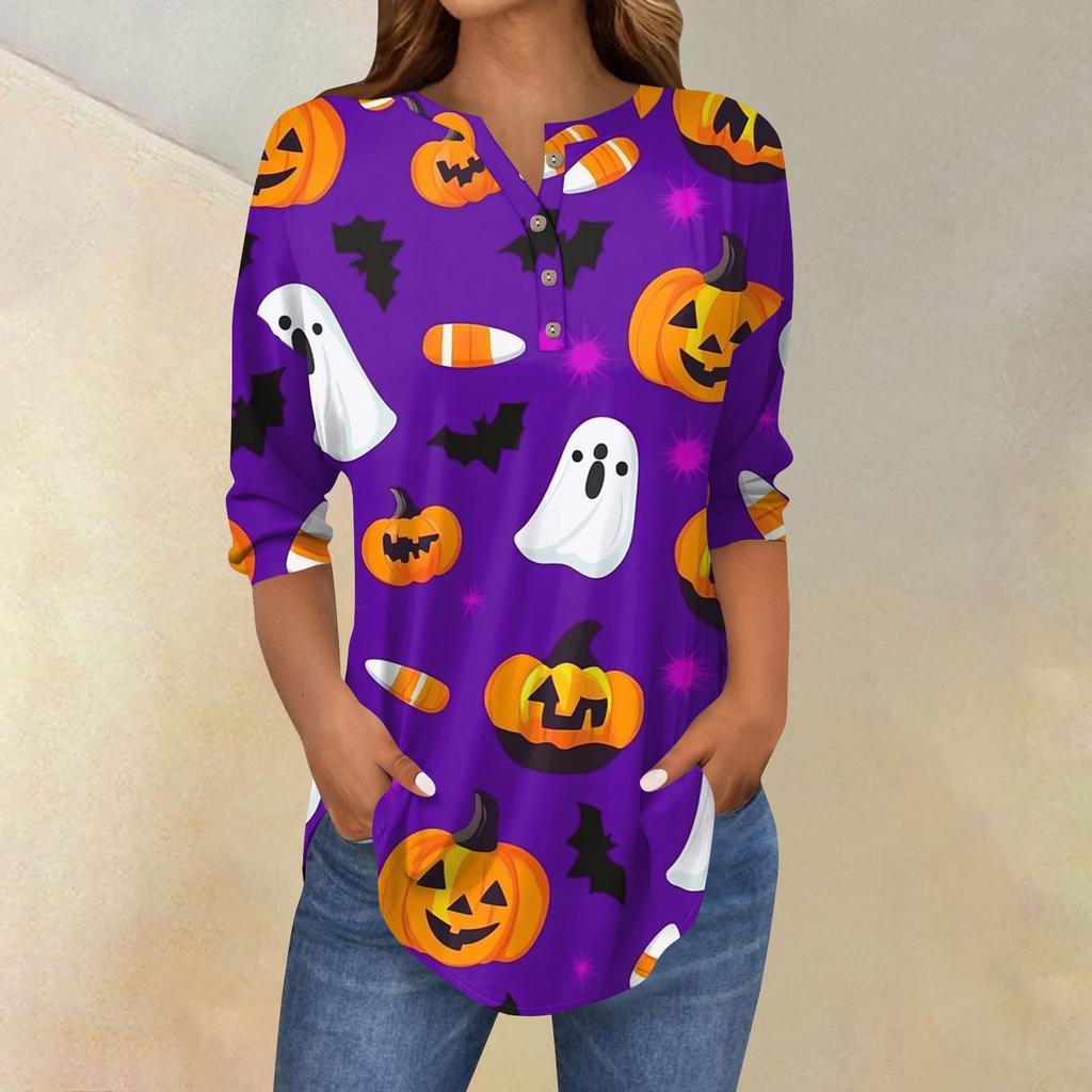 Женская модная свободная футболка с пуговицами на воротнике, с принтом на Хэллоуин, с длинным рукавом, топ, пуловер
