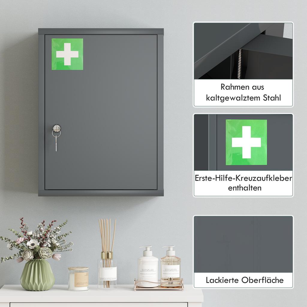 Wall-Mounted Medicine Cabinet with Lock, 3-Tier Steel Wall Cabinet, 40 x 15 x 53.5 cm, Charcoal Gray