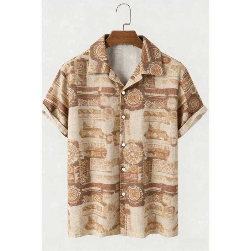 Men's New Ethnic Style Character Natural Printed Linen Casual Shirt Hawaiian Outdoor Activity Short-sleeved Clothing for Men