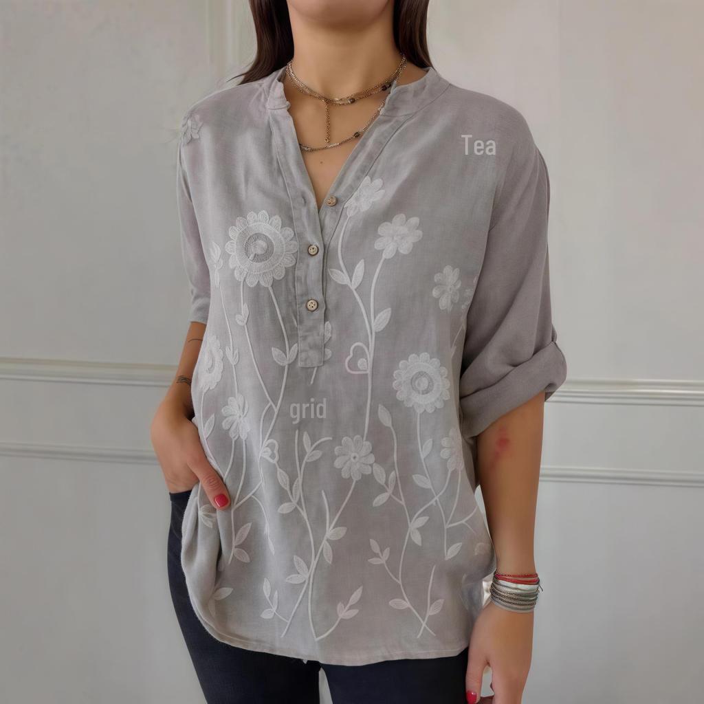 2025 Spring/Summer Women's Lace Embroidery Button V-Neck Shirt