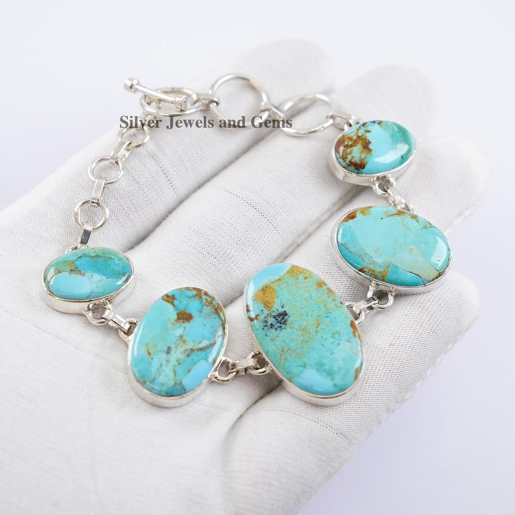 Natural Turquoise Bracelet, 925 Sterling Silver Bracelet, Arizona Turquoise Bracelet , Handmade Oval Gemstone Bracelet, Anniversary Gift