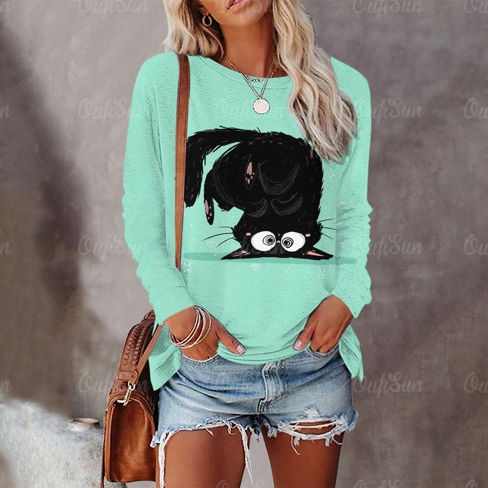 Забавные женские футболки с принтом черного кота, осенняя модная футболка с длинными рукавами, повседневные свободные уличные топы