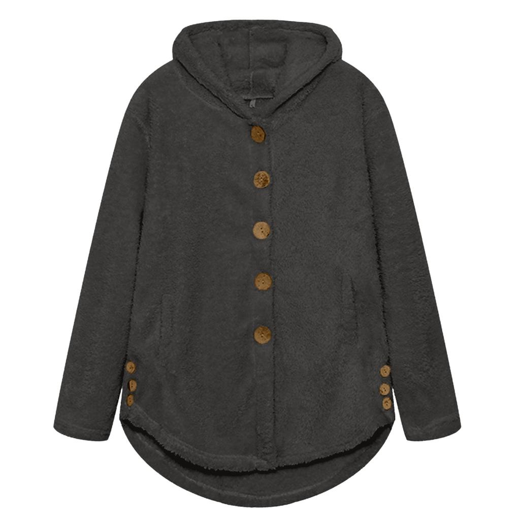 Женская свободная повседневная однотонная плюшевая куртка с капюшоном и длинными рукавами на пуговицах, модная куртка