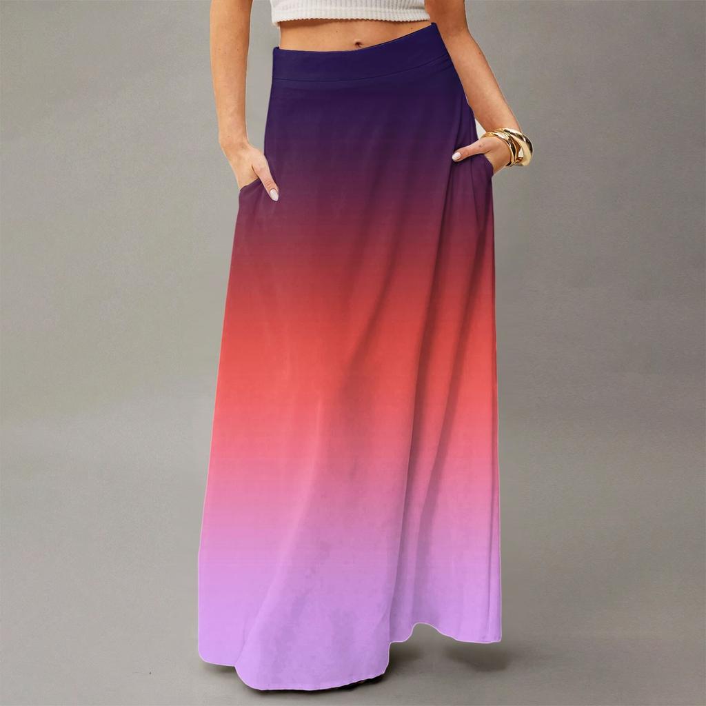 Women's Casual Leisure Foldable Gradient Print High Waist With Pocket Draped Relaxed Long Maxi Skirt