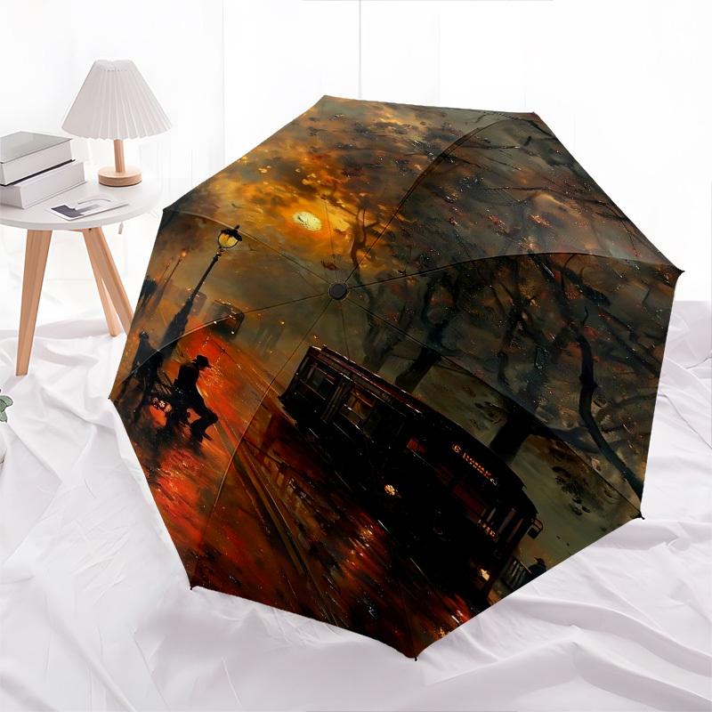 Streetcar Sunset Misty Evening Themed Automatic Opening and Closing Umbrella, Brightly Colored 8 rib Portable Umbrella, Suitable for Men and