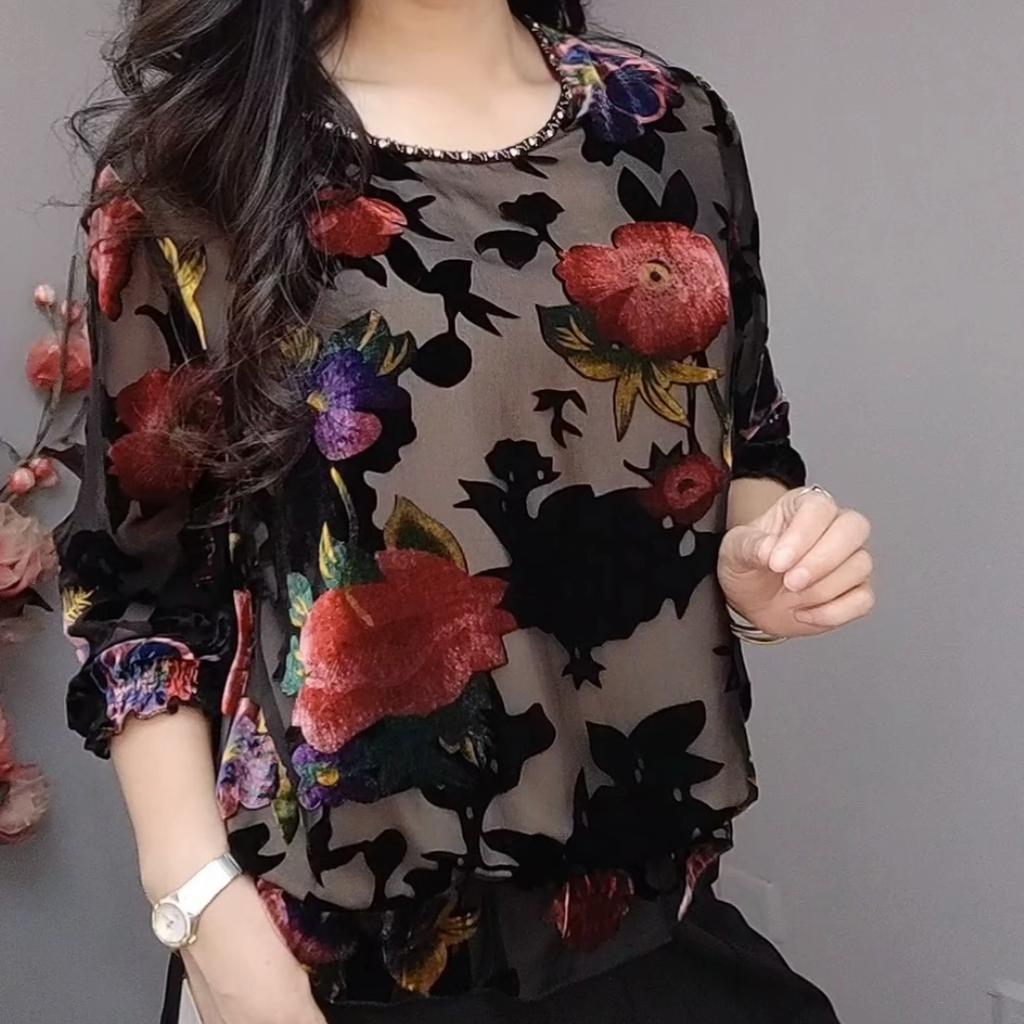 Autumn Women's Printed Velvet Blouse Loose Soft Pullover Long-sleeve Plus Size Velvet Blouse
