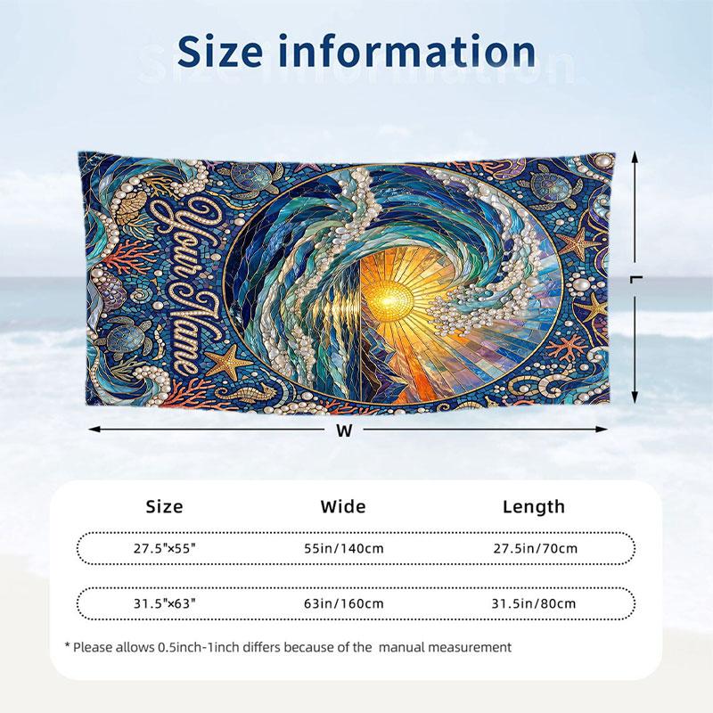 Ocean Waves Sun Theme Quick Dry Beach Towel Custom Name Text Print Large Sand Resistant Towel Beach Vacation