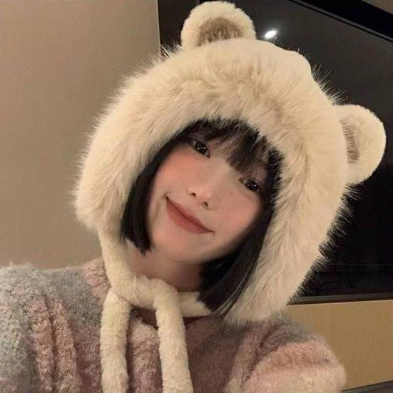 Women Plush Hat with Cute Bear Ears Soft Fuzzy Warm Thick Lace-up Windproof Strap Autumn Winter Outdoor Cycling Girls Ear Protection Cap Gift Choice