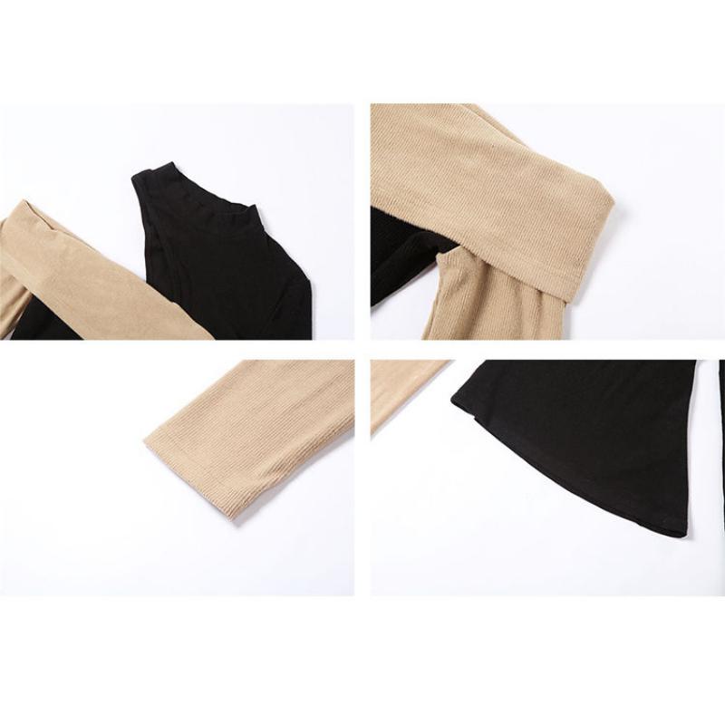 Винтажный дизайн с открытыми плечами и контрастным цветом, футболка с высоким воротом, длинными рукавами, поясом и тонкой нижней рубашкой с вырезом, сексуальный пуловер для горячих девушек