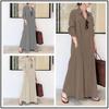 European & American Women's Casual Loose Solid Long Dress with Turn-Down Collar & Pockets
