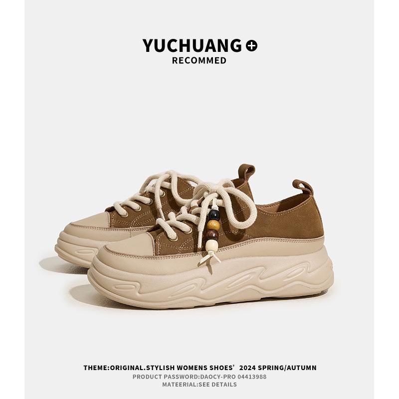 Губчатый торт толстая подошва первый слой коровья кожа повседневная обувь женская весна и осень нескользящая дышащая универсальная ретро спортивная обувь на платформе женская