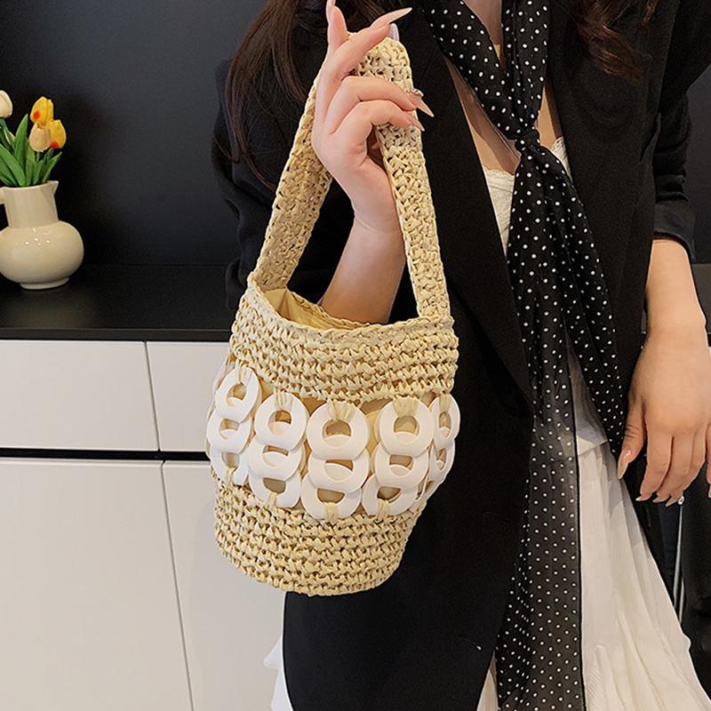 Плетеная соломенная сумка-тоут Летняя женская сумка Модная ручная работа Дизайнерская ажурная пляжная сумка Маленькая сумка-ведро Шоппер Кошелек KTB