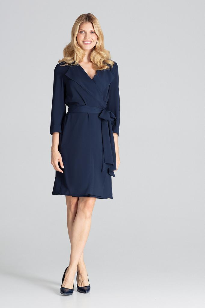 Navy blue dress tied with a belt - M680 size