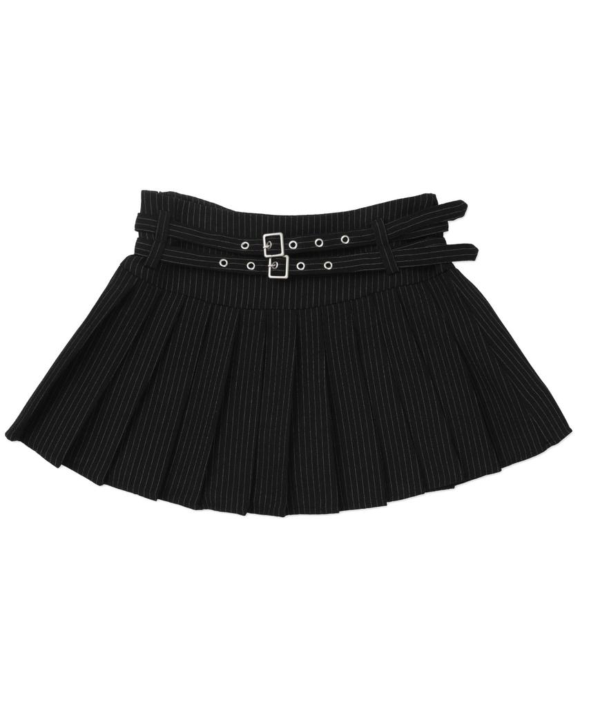WEGO Figments Double Belt Striped Pleated Mini Korean Size Black Skirt, Style, Women's, M,