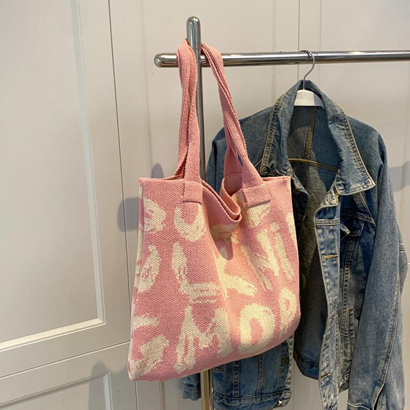 Сумка через плечо с буквенным принтом, большая вместительная сумка контрастного цвета из хлопчатобумажной ткани, летняя модная вязаная сумка ручной работы