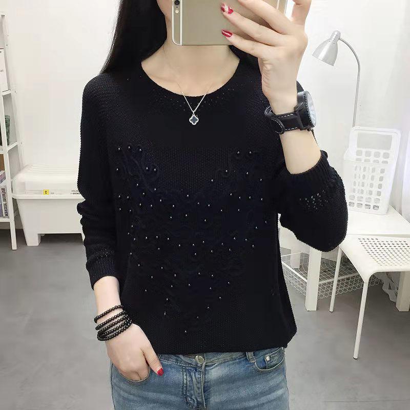 Spring and Autumn Long Sleeve Hollow Women's Knitted Shirt Solid Color Round Neck Hoodie Embroidered Nail Bead Bottom Shirt