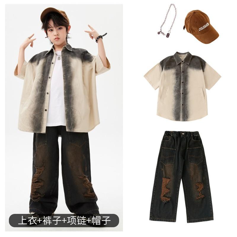 Kids Hip Hop Dance Outfit Set Boy Girl Streetwear Performance Costume Cotton Shirt Pants Vest Hat Necklace