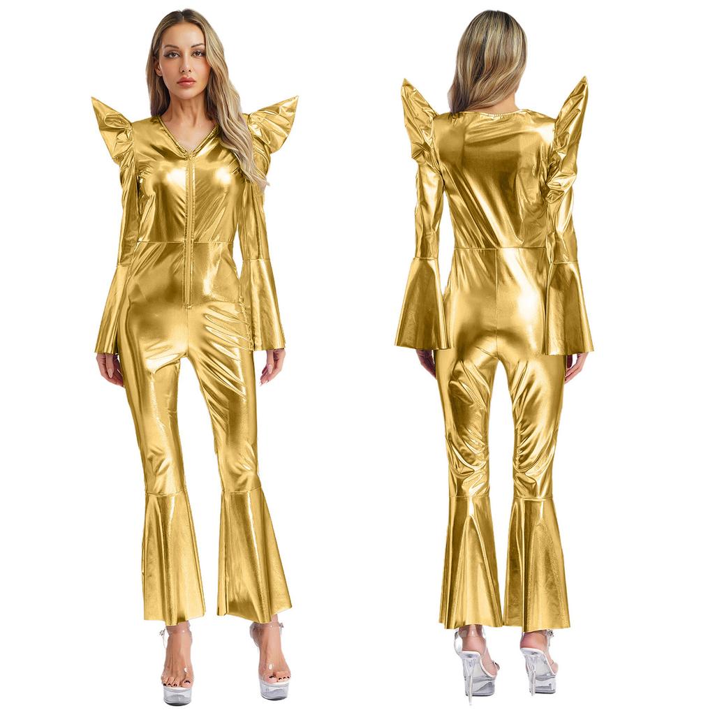 Metallic Shiny Bell Bottom Jumpsuit for Women S-3XL: Disco Style Romper with High Waist & Long Sleeves, Halloween Costume